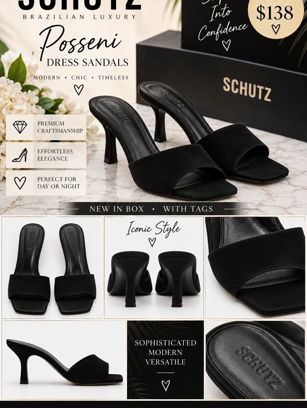 SCHUTZ Posseni Black Suede Slide Sandal Block Heel - Size 7.5 (NIB)